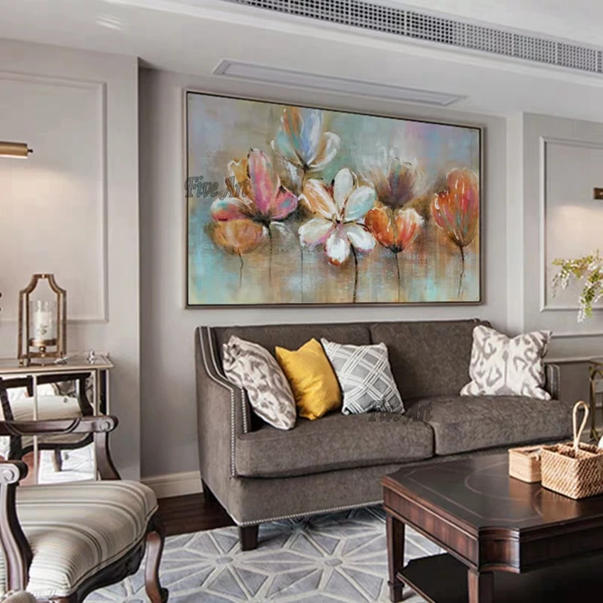 100% ручная роспись современный цветной цветок картина маслом на холсте Настенная