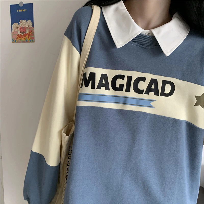 

Vintage 90s Polo Hoodies Womens Oversized MAGICAD Letters Print Patchwork Graphic Pullovers Kawaii Thin Comfy Sweatshirts