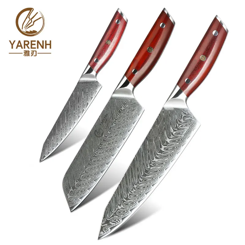 KTF - CRW - 3P YARENH набор кухонных ножей из 3 предметов, японский профессиональный нож для приготовления суши сантоку, нож шеф-повара, 67 слоев, набор дамасских ножей, ручка из розового дерева - Цвет: KTF - CRW - 3P