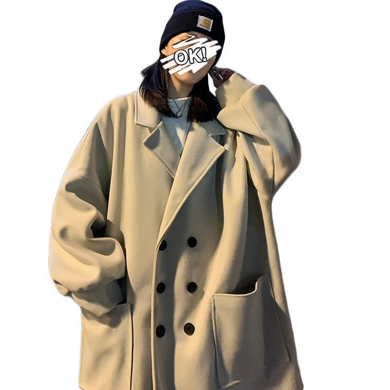

Elegant Ladies Woolen Coats Loose Plus Cotton Thick Handsome Couple Trench Coat 2023 New Women Autumn Winter Tweed Overcoat F129