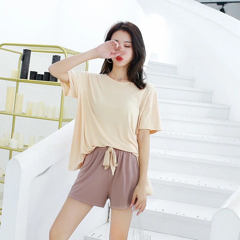 

2020 New Modal Pajamas Set Short Women Homewear Summer Comfort Clothing Round Neck+Shorts Pant Female Sleepwear Soft Modal Shirt