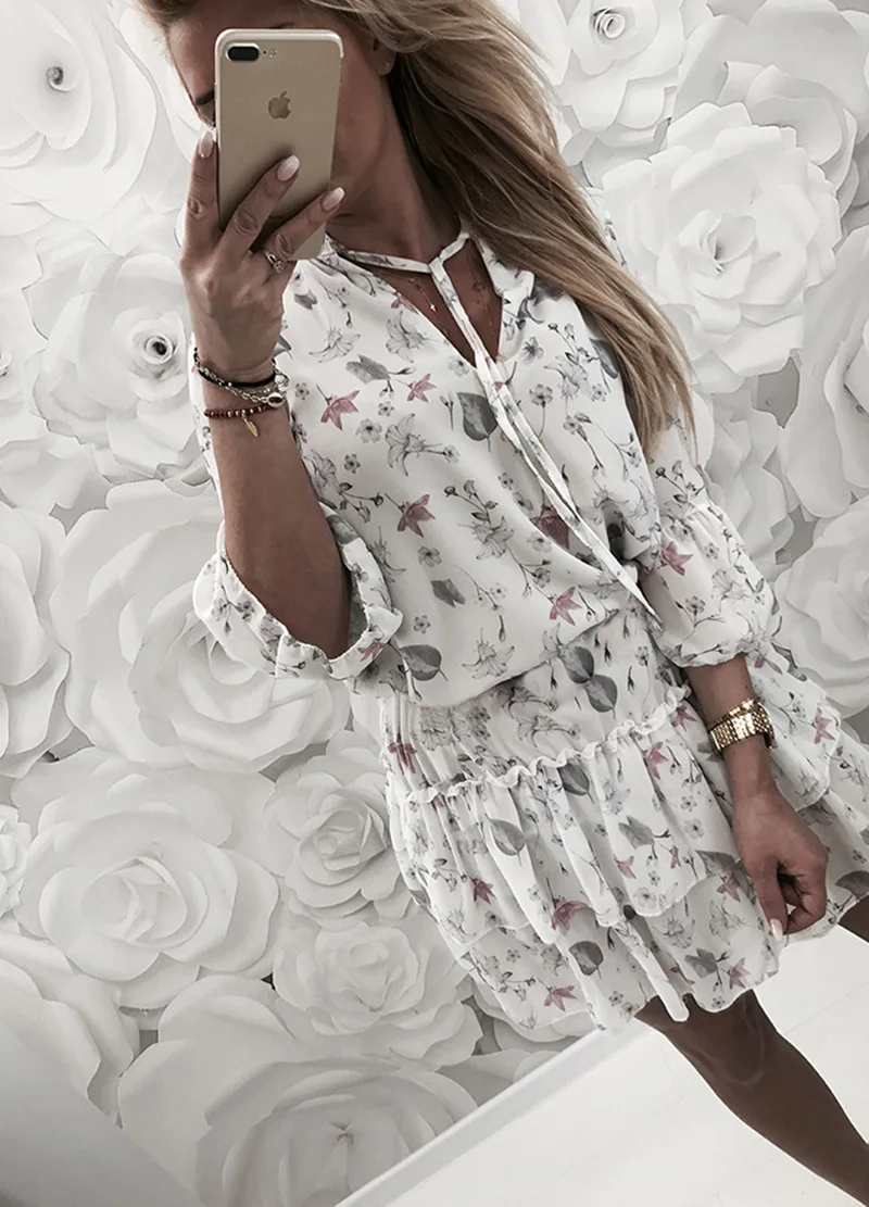 Женское платье больших размеров с цветочным принтом для кэжуал-стиля на длинных рукавах - Роупа Феминина.