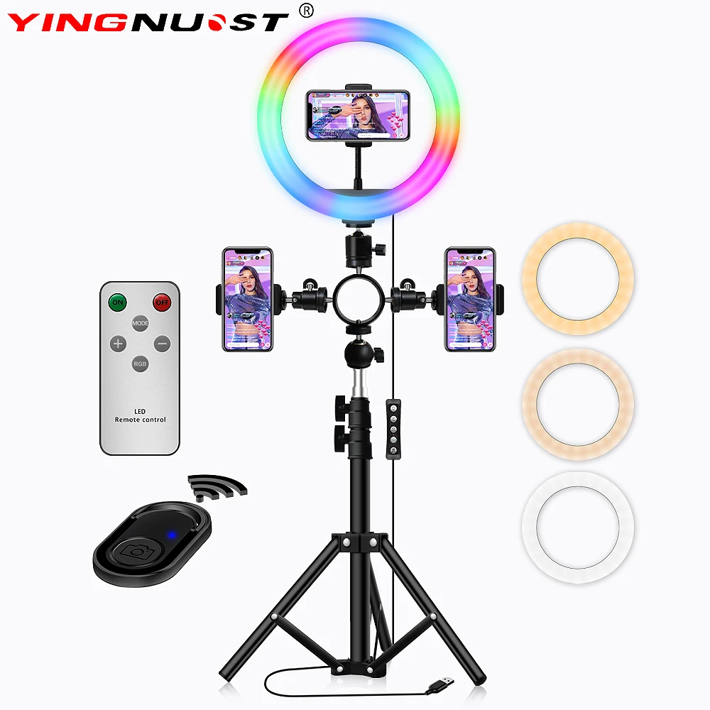 10 дюймов RGB кольцевой светильник для Tiktok фотолампы с штатив с держателем для телефона селфи светильник с дистанционным управлением по Bluetooth ...