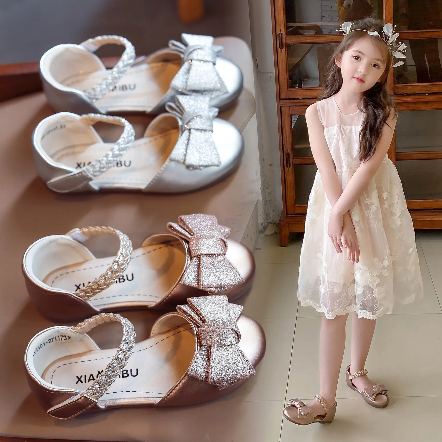

Girls sandals 2021 children summer new breathable baotou single shoes girl princess bows