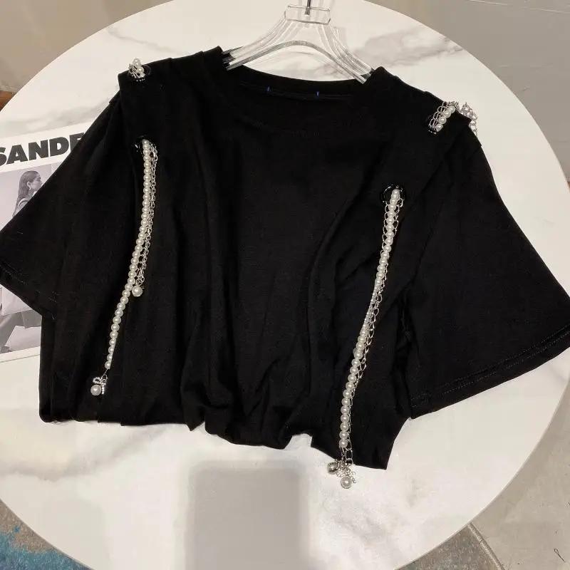

Women Pullover 2021 Summer New Pearl Chain Beaded Short Sleeve T-shirt Half Sleeve Loose Black Plus Size Tops Female T Shirt