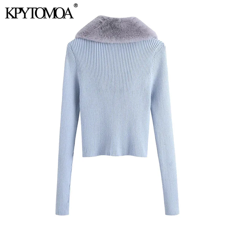 

KPYTOMOA Women 2021 Fashion Patchwork Faux Fur Knitted Cardigan Sweater Vintage With Tied Long Sleeve Female Outerwear Chic Tops