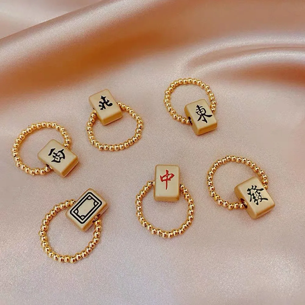 

Square Mahjong Bead Rings Fashion Jewelry Gold Color Handmade Fashion Gifts Women Girls Wedding Rings Elastic Adjustable