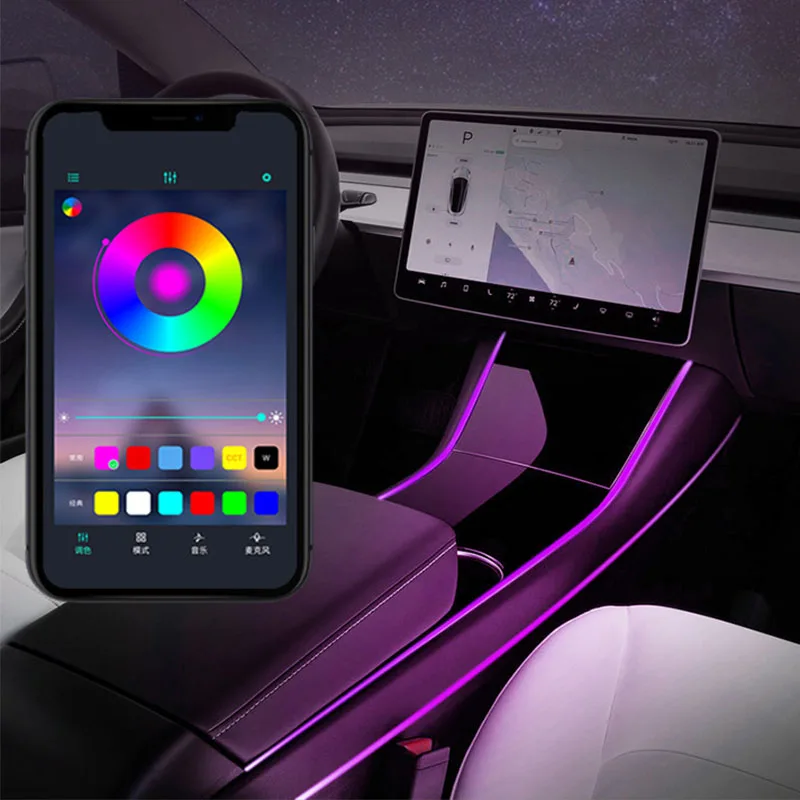 Многоцветный светодиодный светильник, аксессуары для салона автомобиля, модификация, контрольный светильник для Tesla, модель 3, светильник в полоску