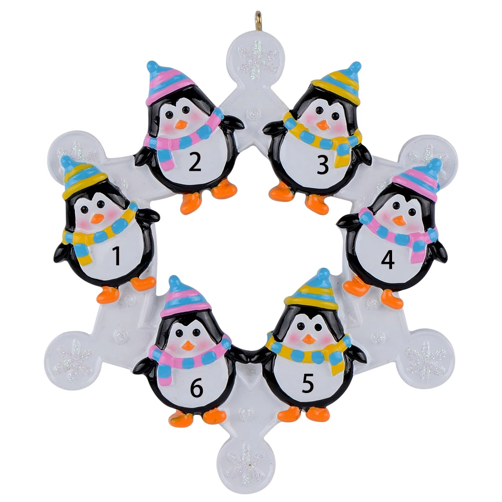 

Оптовая продажа, блестящие персонализированные Рождественские елочные украшения из полирезины, снежинки, пингвины, семейство из 6 видов, ук...