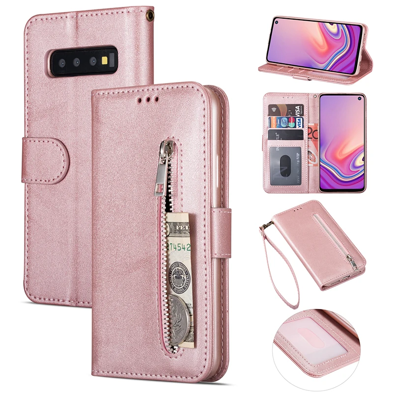 Rose Gold Роскошный кожаный бумажник с застежкой-молнией A70 A50 A40 A30 A20 A10 M10 M20 M30 M40 карты Стенд флип чехол для samsung J4 Plus J6 чехол Capa - Цвет: Rose Gold