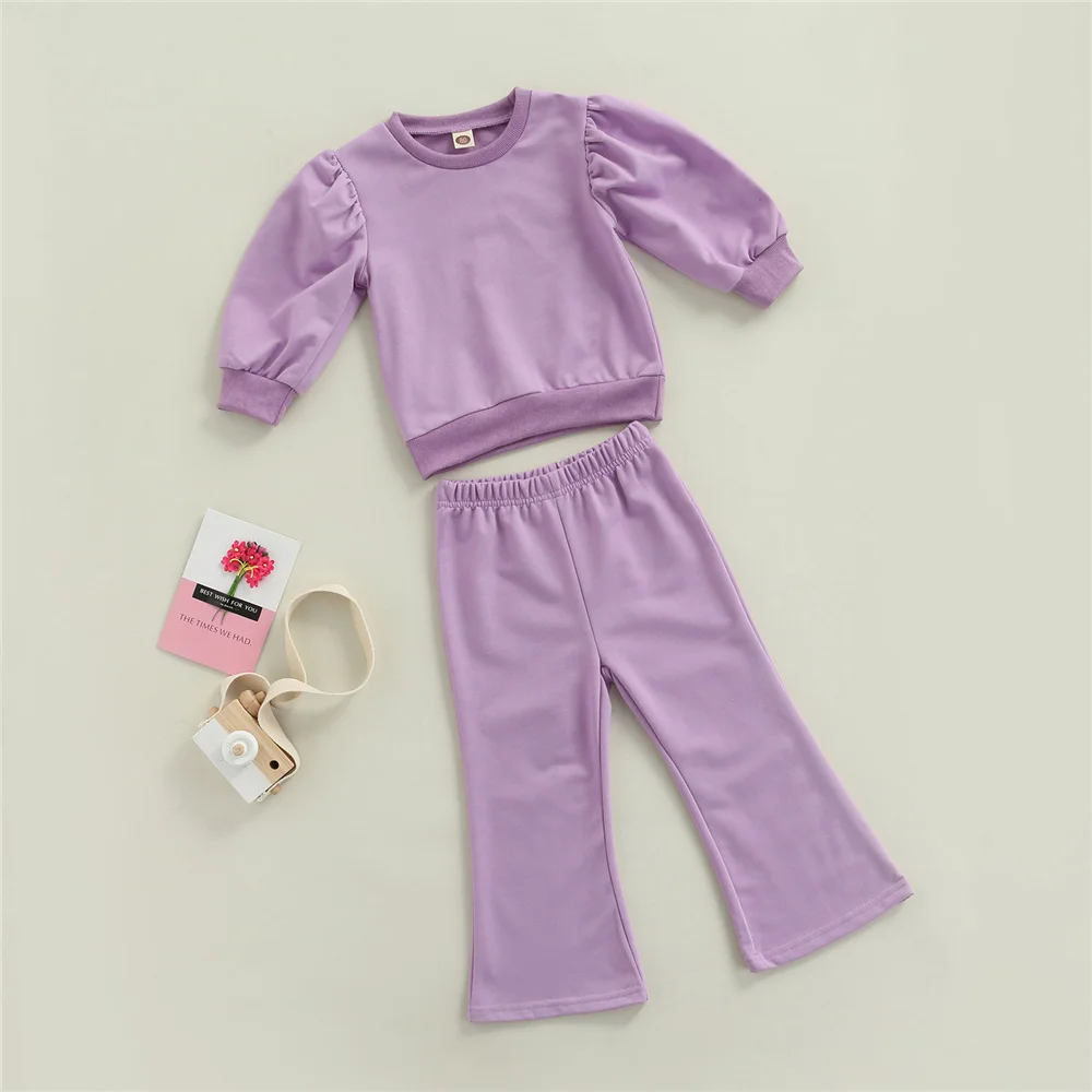 

Girl Baby Kids 2 Pcs Sets Solid Color Lantern Long Sleeve Sweatshirt Pullover Elastic Waist Flared Pants Fall Winter Sportswear