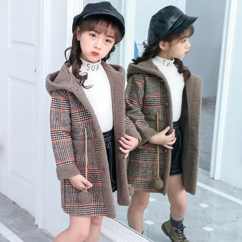 Girls Thick Woolen Jacket Kids Warm Jackets for Winter Plaid Hooded Coat Parkas Outerwear Children Girl Overcoat | Детская одежда и