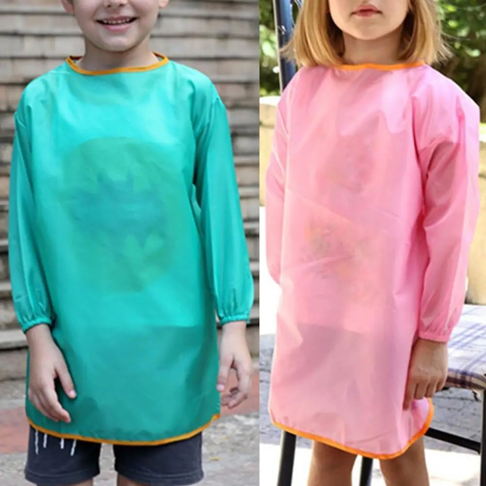 Delantal de manga larga impermeable para ni&ntilde;os, bata de alimentaci&oacute;n, babero, Color s&oacute;lido-0