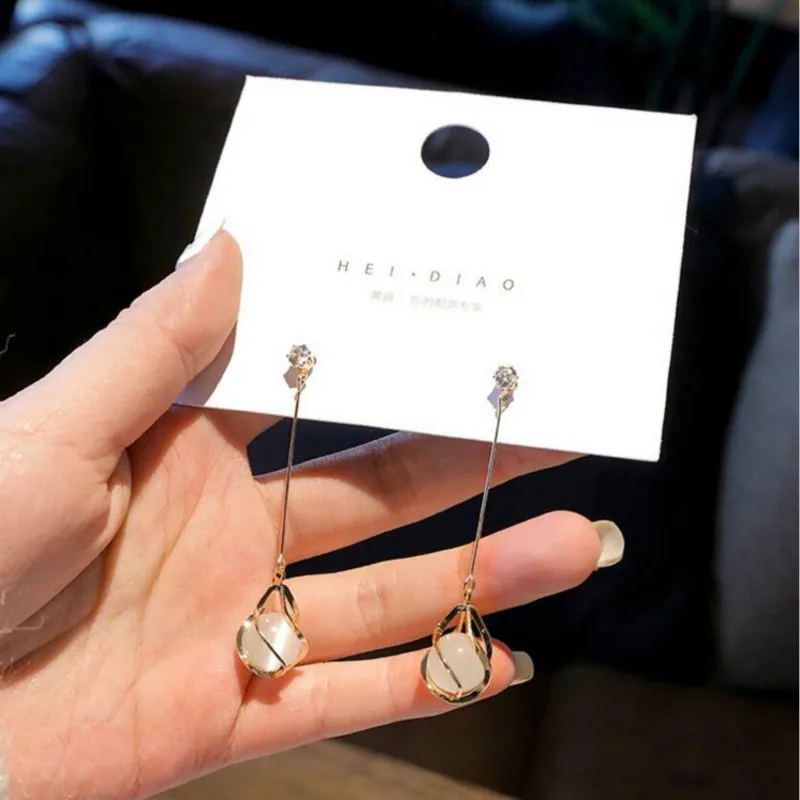 Овальные серьги капли кошачий глаз для женщин длинные висячие с кисточками