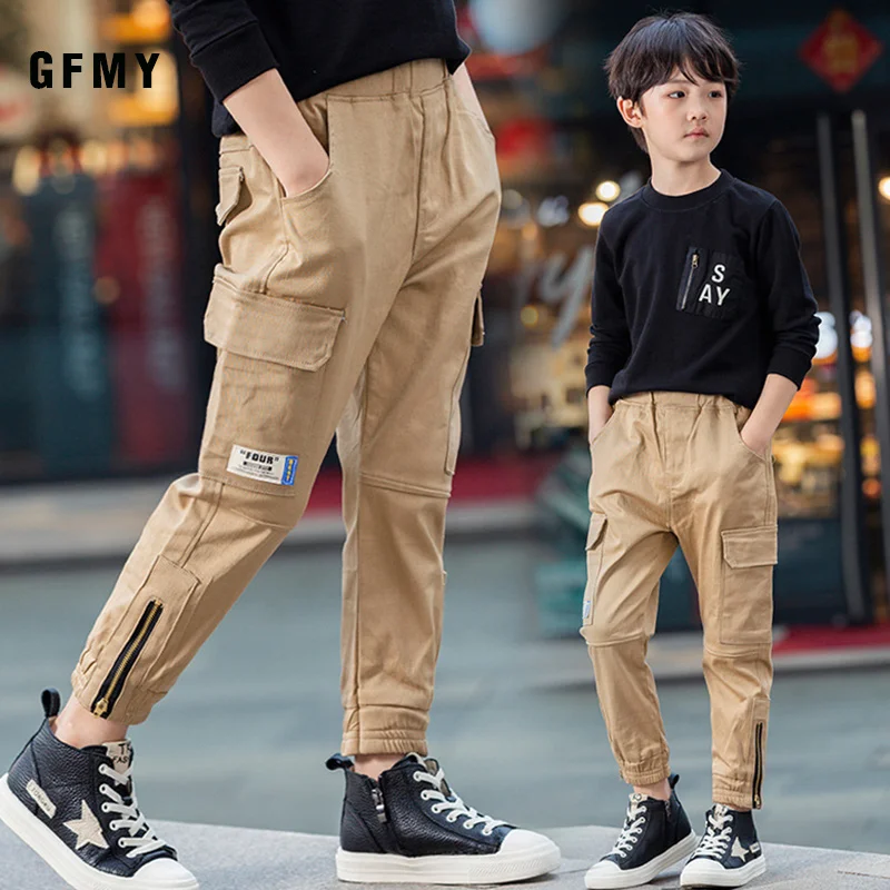 khaki GFMY/ спортивные штаны Новые повседневные однотонные длинные штаны для мальчиков с карманами черного и хаки уличная одежда на металлической молнии детские штаны - Цвет: khaki