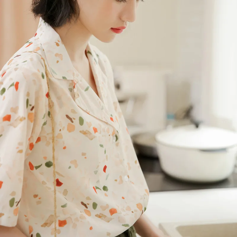 Блузка женская однобортная с принтом Свободная шифоновая рубашка отложным