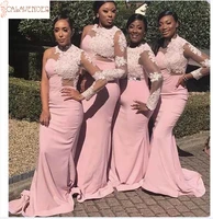 satin pink bridesmaid dresses with long sleeves robe de soir%c3%a9e de mariage lace appliques wedding party dress