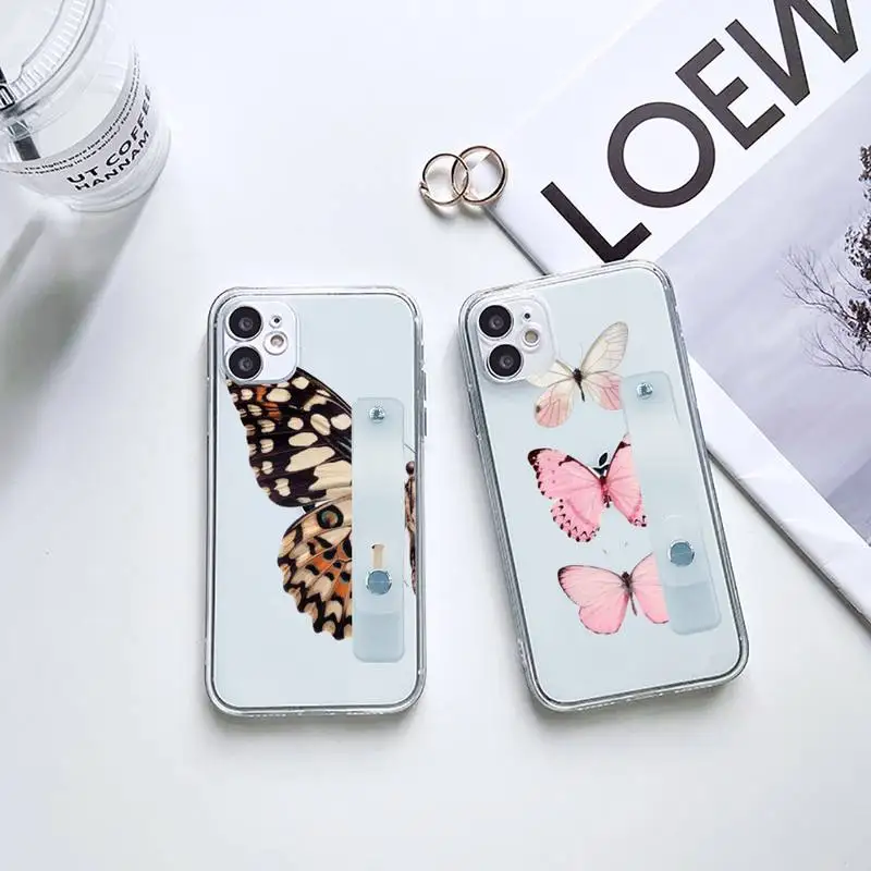 

Cute Butterfly pink animal fly Phone Case Wrist Strap For iPhone 7 8 11 12 X XS XR MINI Pro Max Plus Hand Band Transparent Clear