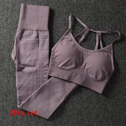 Purple 2 pcs set 2 шт., бесшовный комплект для йоги, бюстгальтер на бретельках, леггинсы с высокой талией, женская одежда для тренажерного зала, фитнеса, тренировок, комплект леггинсов для йоги, спортивная одежда для бега - Цвет: Purple 2 pcs set