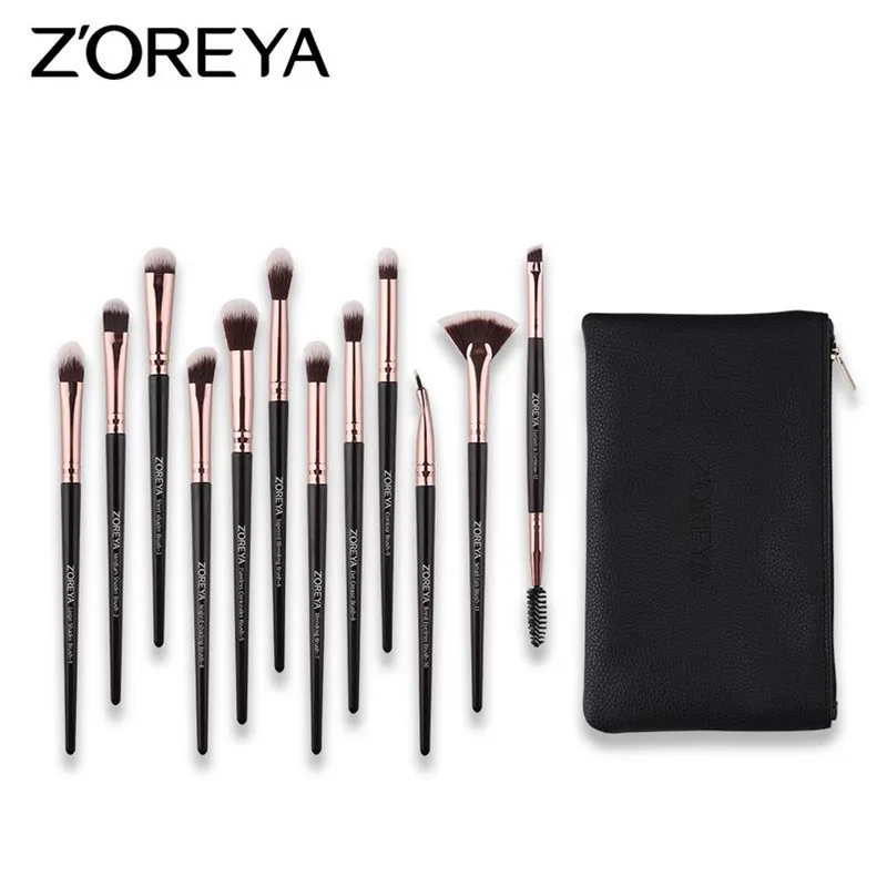 Black With Bag ZOREYA 12 шт. Профессиональный набор кистей для макияжа глаз с полиуретановой сумкой розовый Золотой Черный Розовый Кисть для макияжа косметический инструмент brochas maquillaje 15#831 - Handle Color: Black With Bag