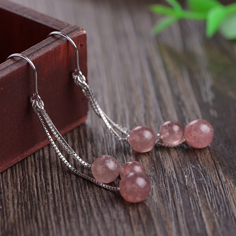 Женские серьги кисточки с бусинами из серебра 925 пробы натуральным клубничным