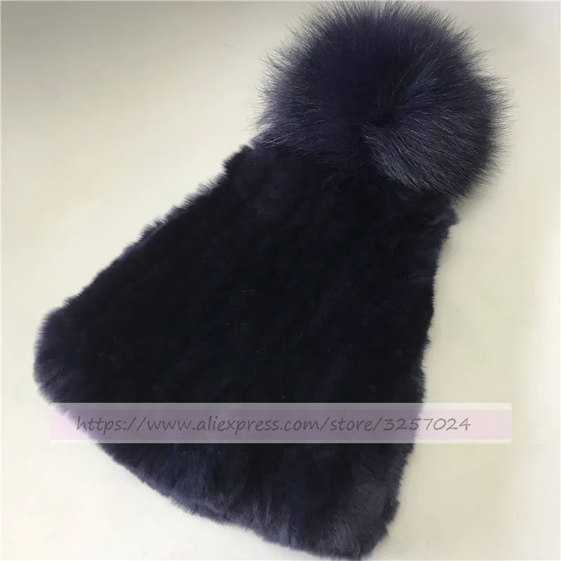 Navy blue Меховая шапка Magicfur темно-синего цвета, настоящий мех кролика, вязаная шапка W, мягкая меховая помпон, теплая зимняя вязаная шапка для любви - Цвет: Navy blue