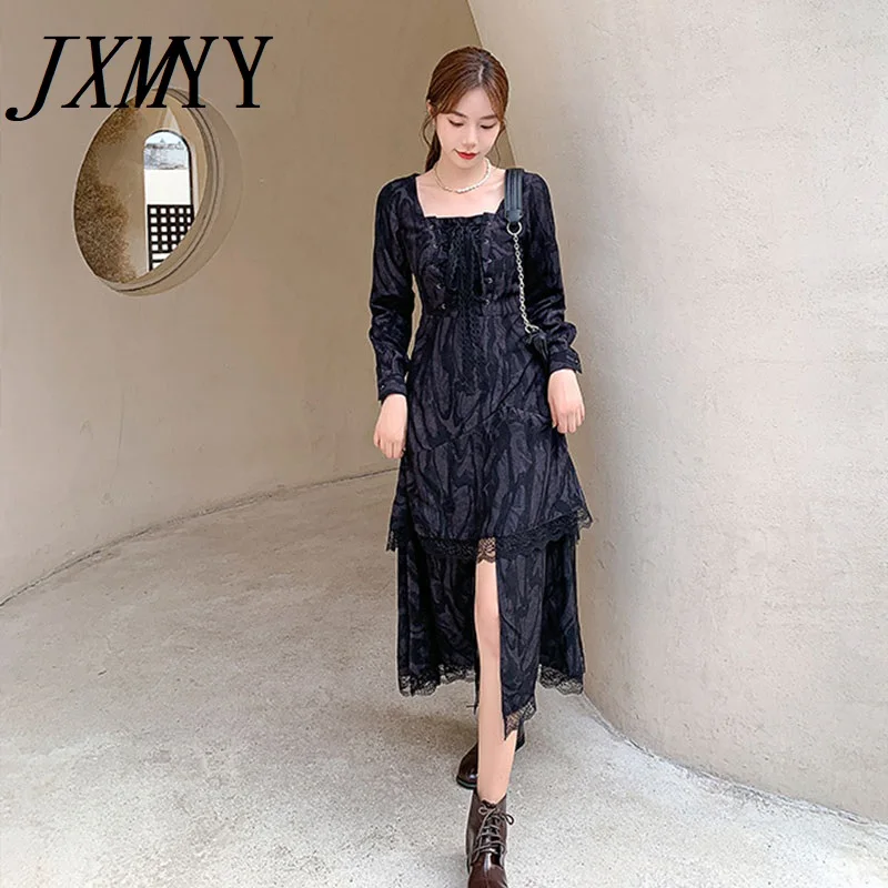 JXMYY Elegant Temperament Dress 2021 Fashion New Female Tie-Dye With Lace Little Black Cold Wind High-End Long Skirt | Женская одежда