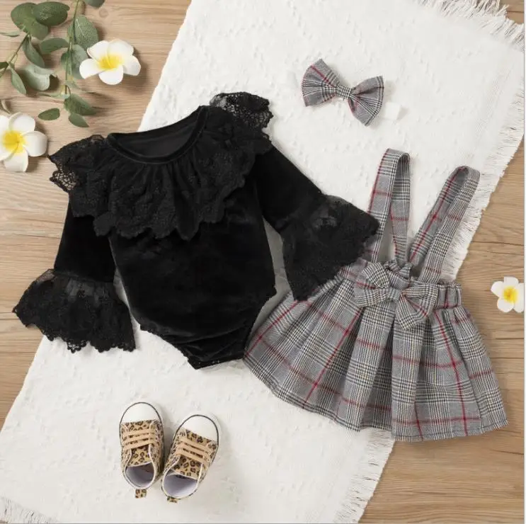 

0-24M Baby Girls Clothes Set Solid Color Long Flare Sleeve Lace Romper + Plaid Suspender Bowknot Skirt with Hairband 3Pcs Outfit