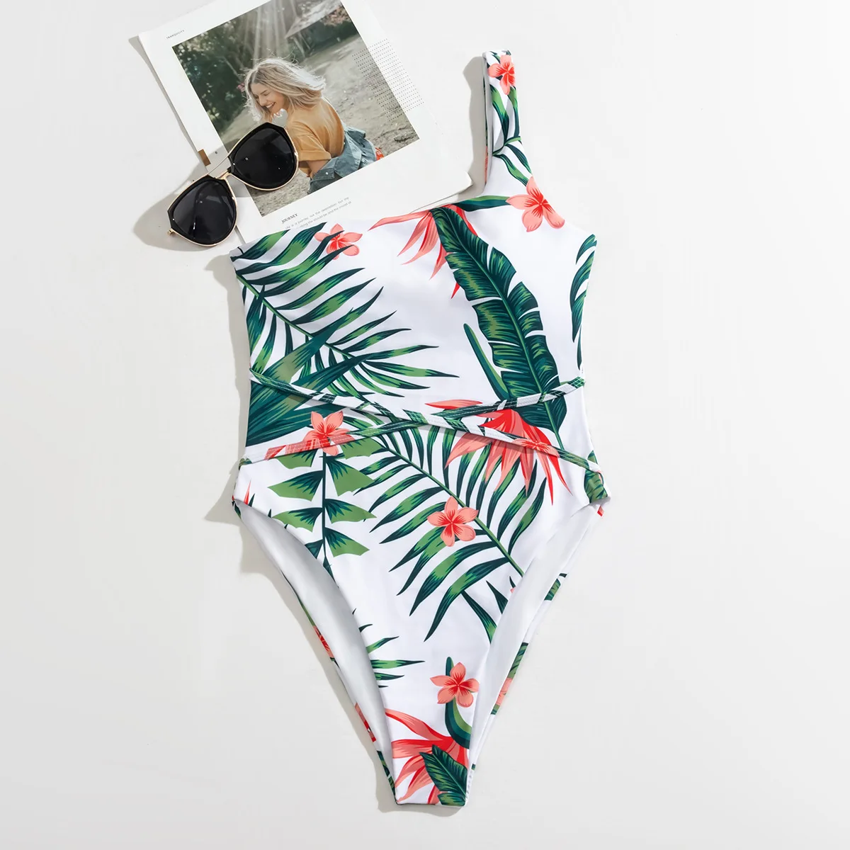 Wholesale 2021 One Piece Swimsuit Women One Shoulder Swimwear Plant Print Monokini Strings Belt Bathing Suit
