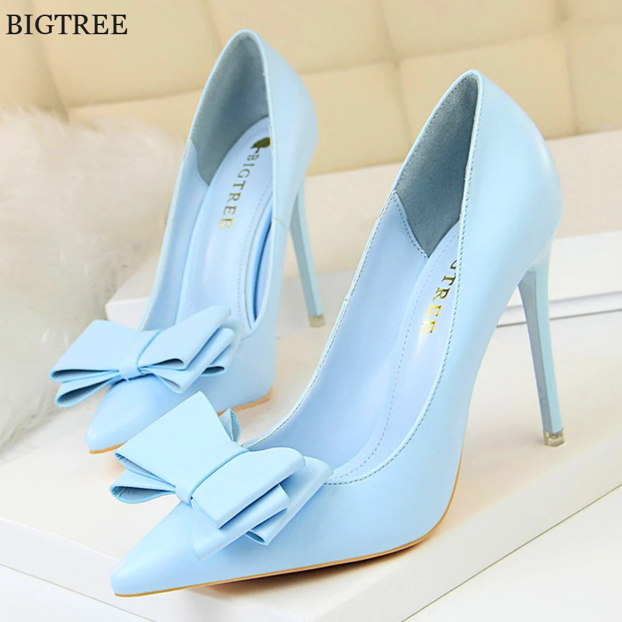 BIGTREE Red Blue Black Shoes Bowknot Sweet Woman Pumps Soft Leather Pointy Toe Women High Heels Stiletto Dress Office Lady Shoes