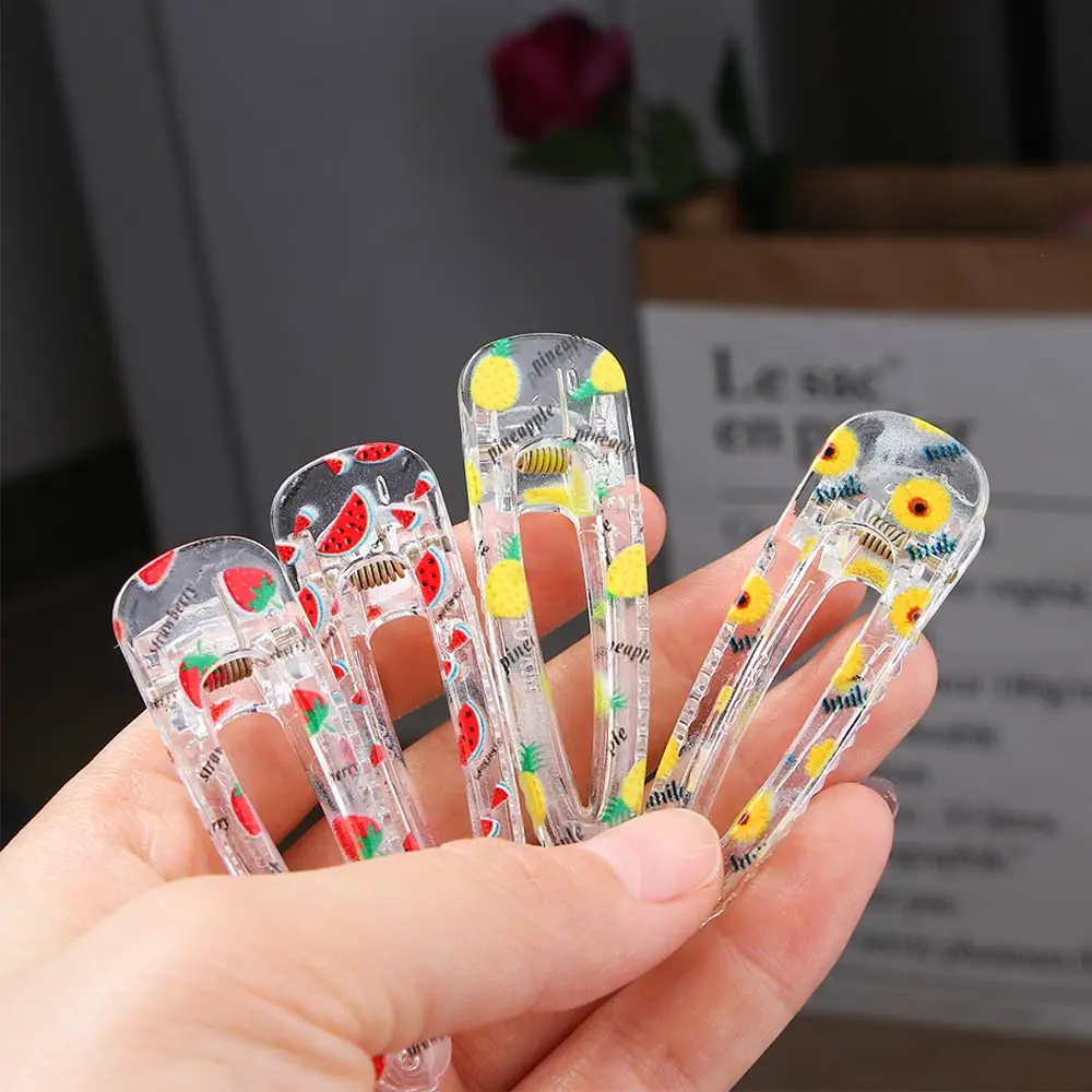 Horquillas transparentes con estampado de dibujos animados para ni&ntilde;a y ni&ntilde;o, horquillas de pico de pato con estampado de frutas, pasador de labios, 1 unidad-2