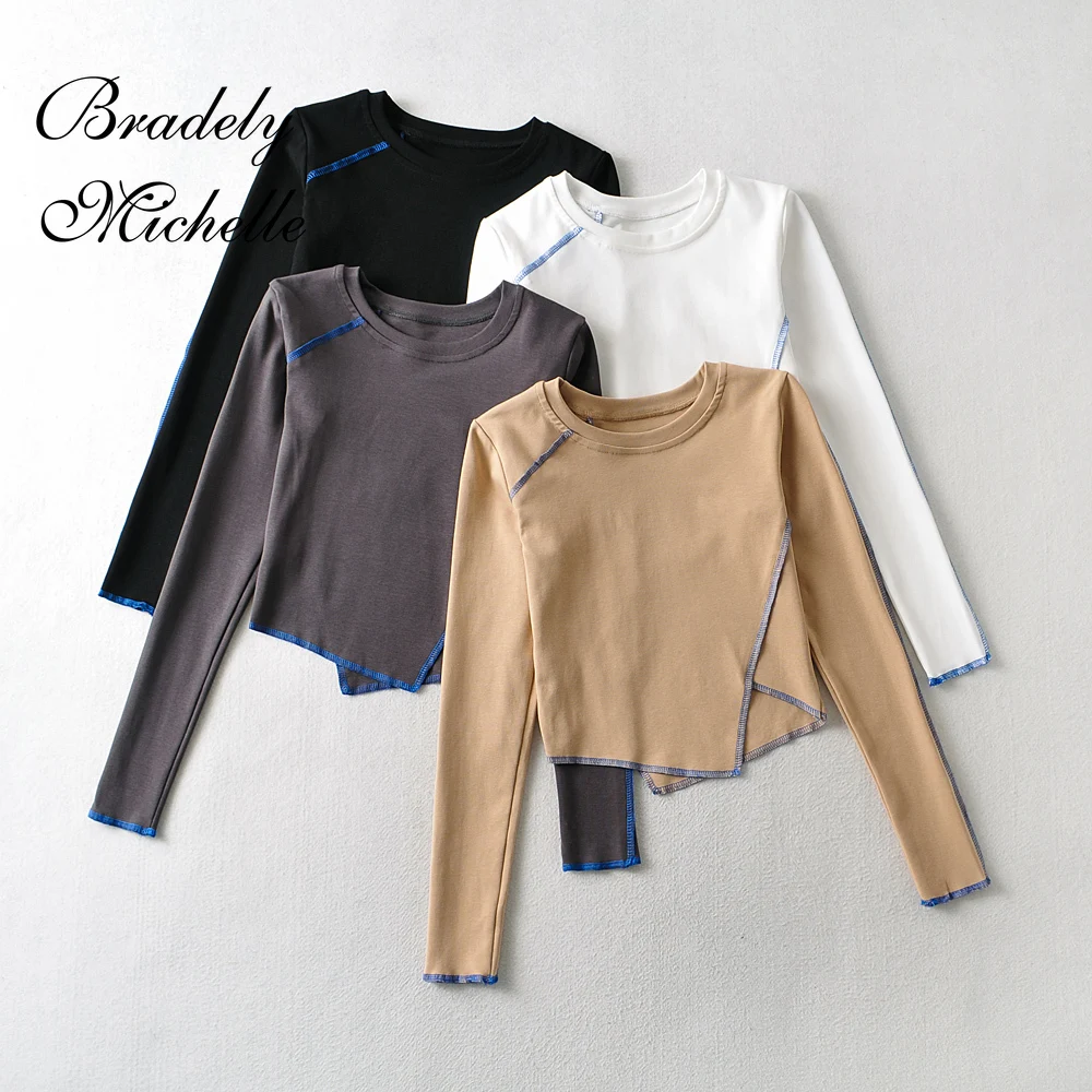 

Женский однотонный Повседневный Асимметричный кроп-топ с круглым вырезом и длинным рукавом, весна 2021