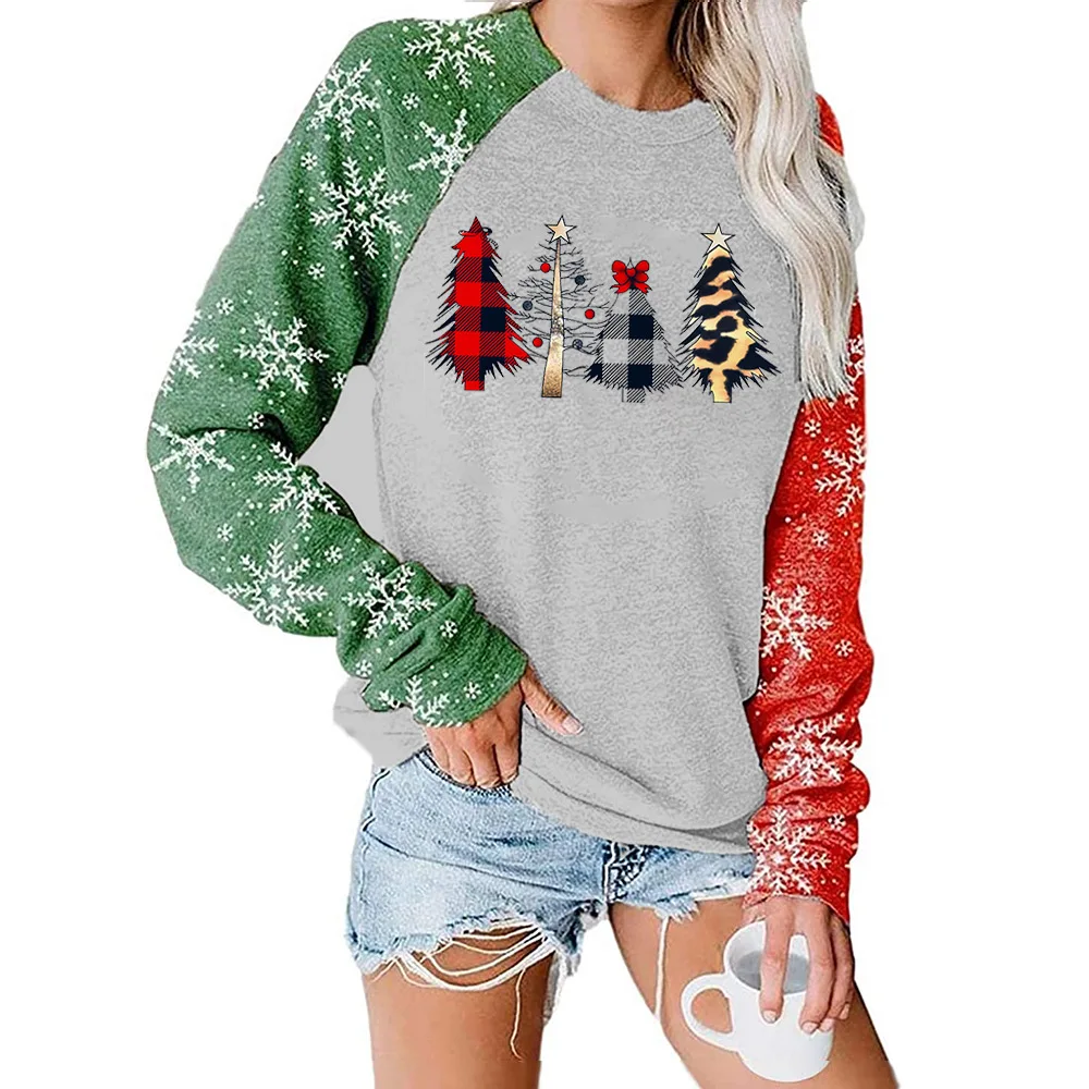 

Carney fashion women's sweater Christmas tree print round neck long sleeve sweater