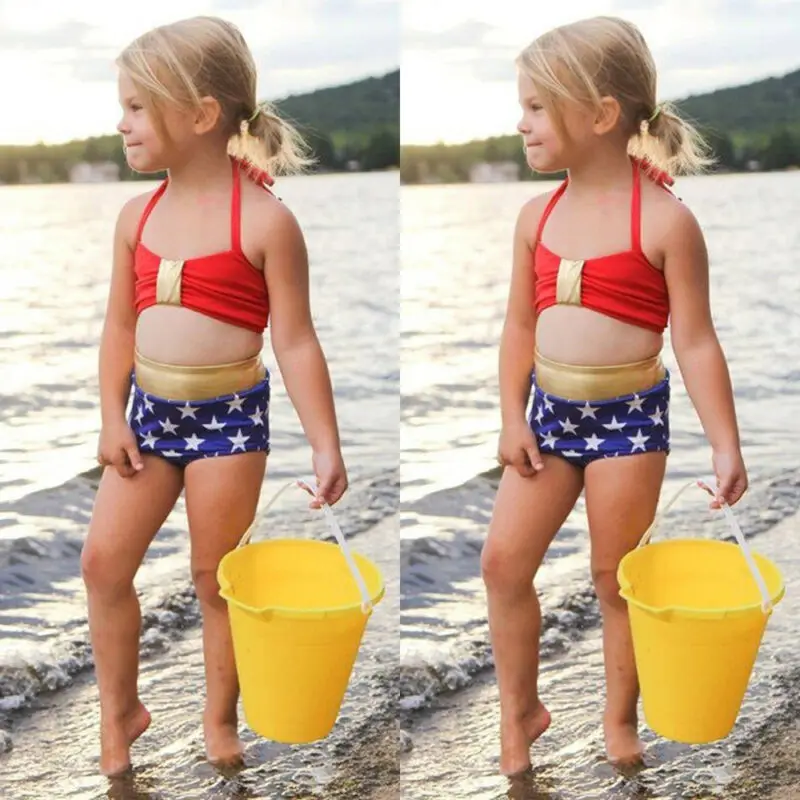 Купальный костюм для маленьких девочек с лямкой на шее шнуровке принтом звезд