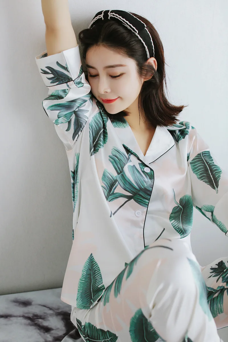 

Autumn New Pajamas Long Section Fashion Floral Ice Silk Satin Women Pajama Set Rayon Sexy Pijama 2 Pcs Printing Sleepwear Female