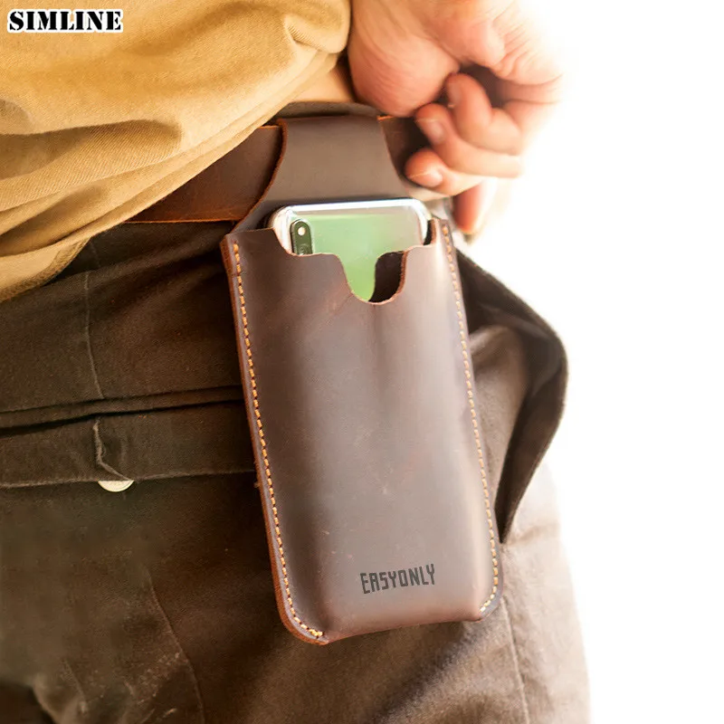 SIMLINE Genuine Leather Cellphone Belt Waist Bag For Men Male Vintage Sport Portable Mobile Phone Cover Case Holder Loop Holster