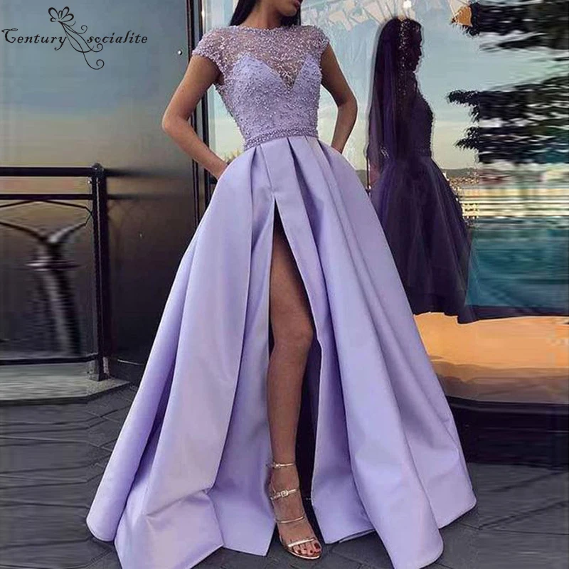 Lilac Long Prom Dresses 2020 with Slit Lace Beaded Cap Sleeve Satin Evening Formal Dress Plus Size Party Gowns Vestido De Festa | Свадьбы и