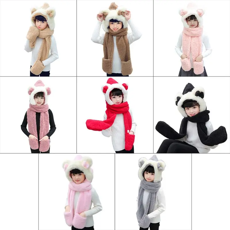 

Kids 3 In 1 Warm Plush Winter Hat Cute Bowknot Bear Ears Scarf Gloves Hoodie Cap KLV 2019 New