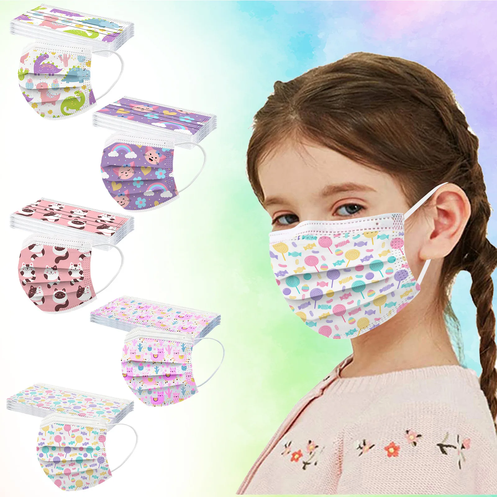 

50PC Kids Mask Disposable Face Mask Industrial 3Ply Ear Loop Mask Child Dustproof Filter Pm2.5 Mask Party Earloop Bandage Masque