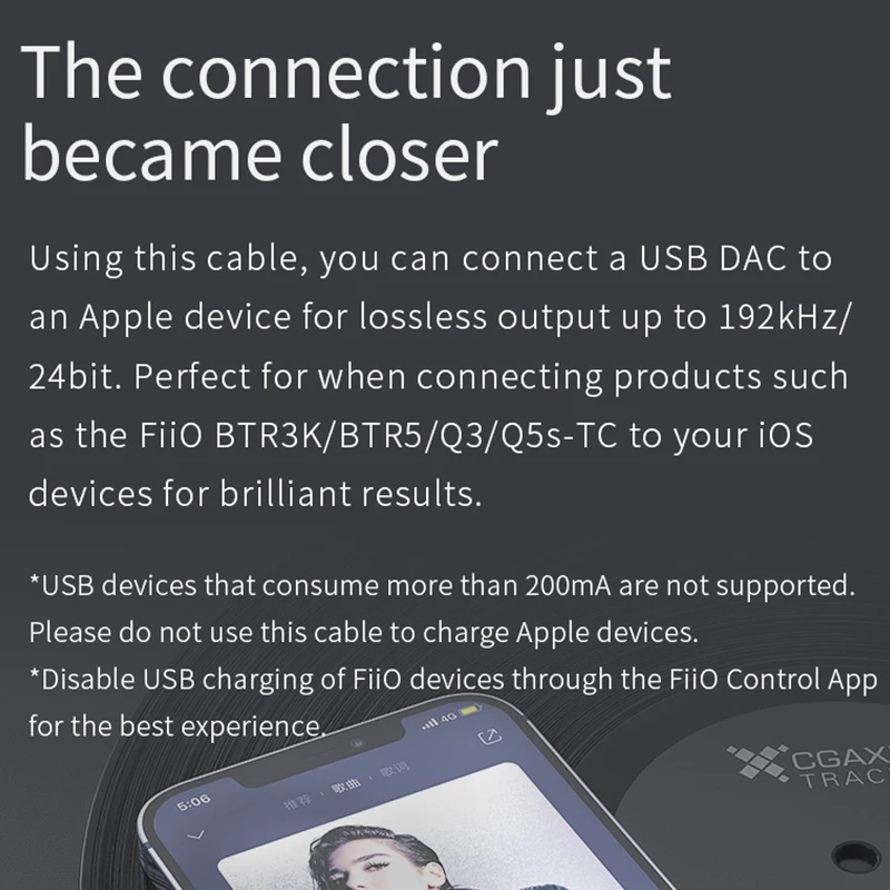 Кабель Fiio LT-LT1 LTLT1 Type-C/Lightning OTG для подключения iOS BTR5 BTR3K Q3 | Электроника