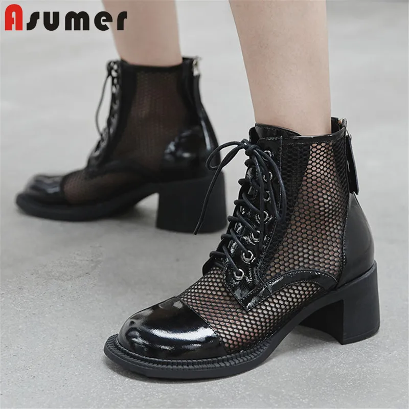 

ASUMER top quality patent leather ankle boots women round toe cross tied mesh summer boots thick heel punk casual shoe woman