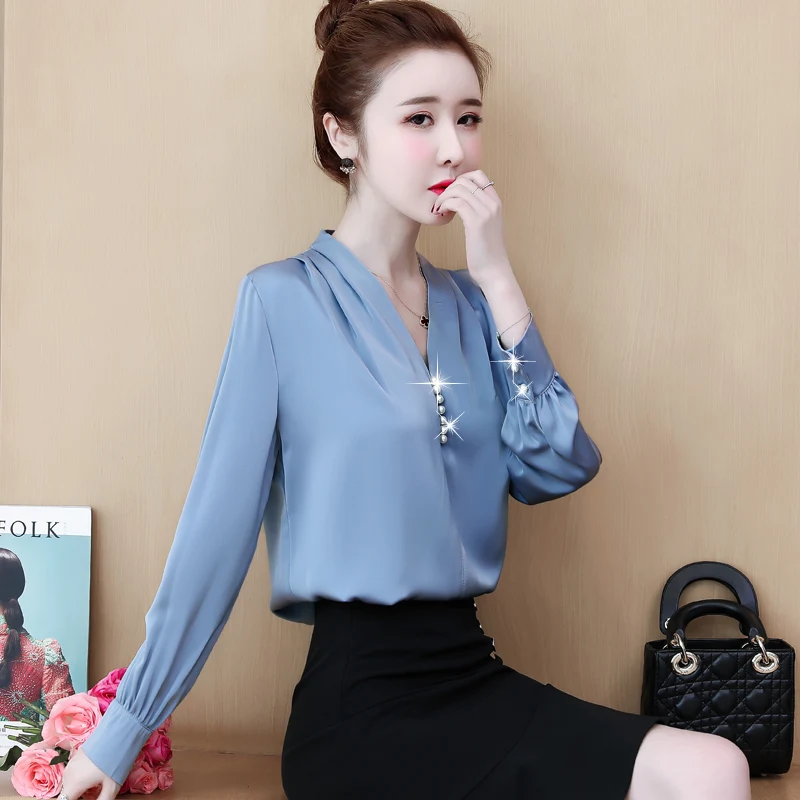 Элегантные белые шифоновые рубашки OL модные блузы с v-образным вырезом и длинным