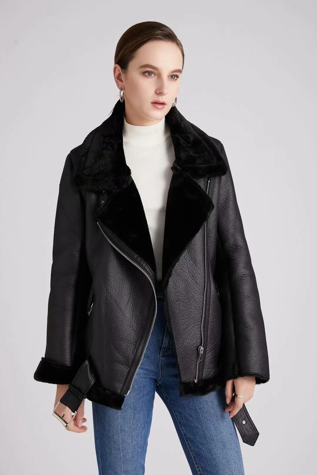 

Женская куртка из искусственной кожи, однотонная теплая куртка на флисе с лацканами, для зимы, 2021