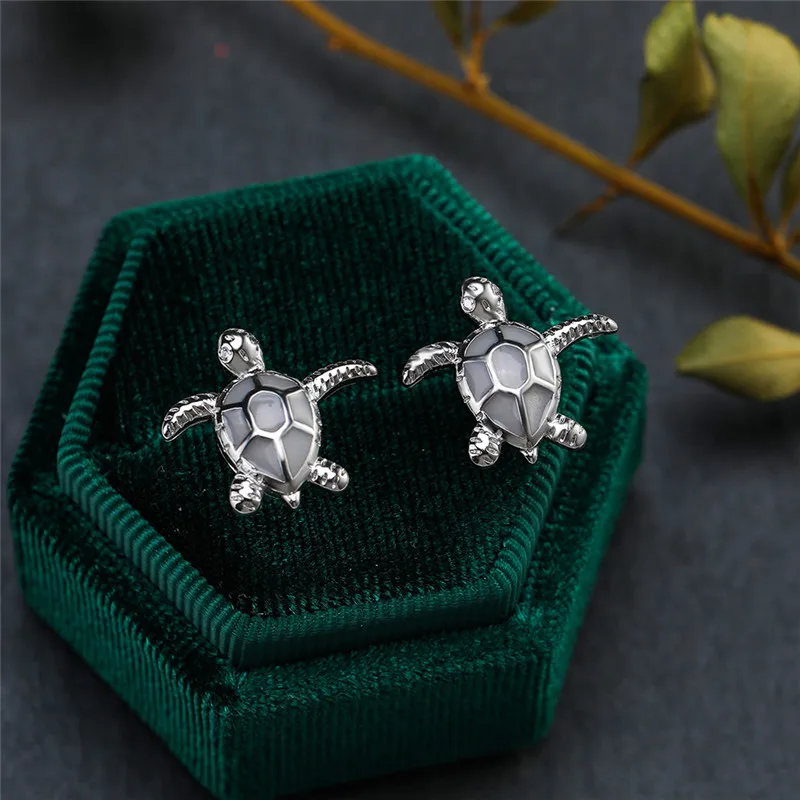 

Dainty Female White Blue Opal Stone Jewelry Charm Silver Color Wedding Earring Cute Sea Turtle Small Stud Earrings For Women