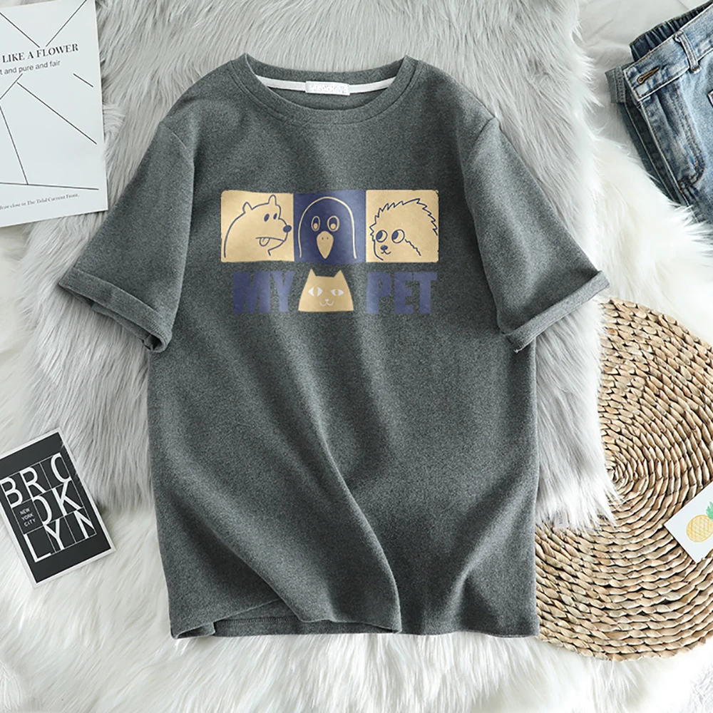 

Fashion Cartoon Animal Print Short Sleeve Cotton T Shirts Women Summer O-Neck Straight Baggy Loose S-XL White Black Womens Tops