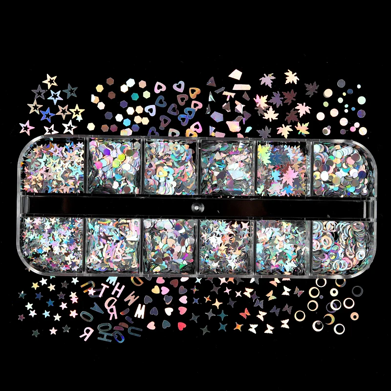 

12/Style Holographic Laser Silver Sequins Nails Decoration 3D Flake Spangles Nail Art Glitter Design DIY Sparkly Paillette Tips