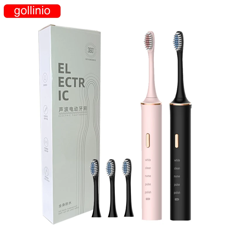 gollinio Sonic Electric Toothbrush Adult Timer Brush 5 Mode USB Charger Rechargeable Tooth Brushes Replacement Heads Set GL17A