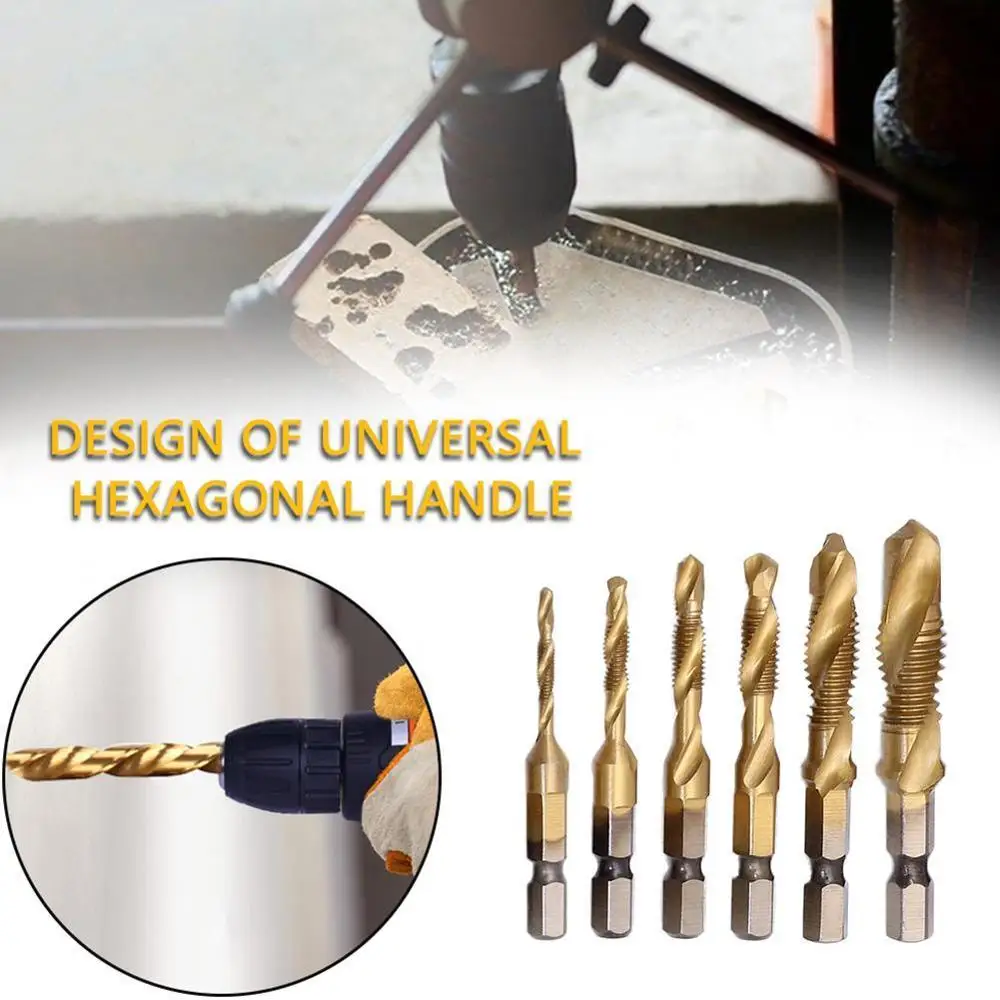 

6PCS Metric Thread Tap M3-M10 High Speed Steel Screw Tap Drill TiN Coating Hex Shank Compound Tapping Machine Tap