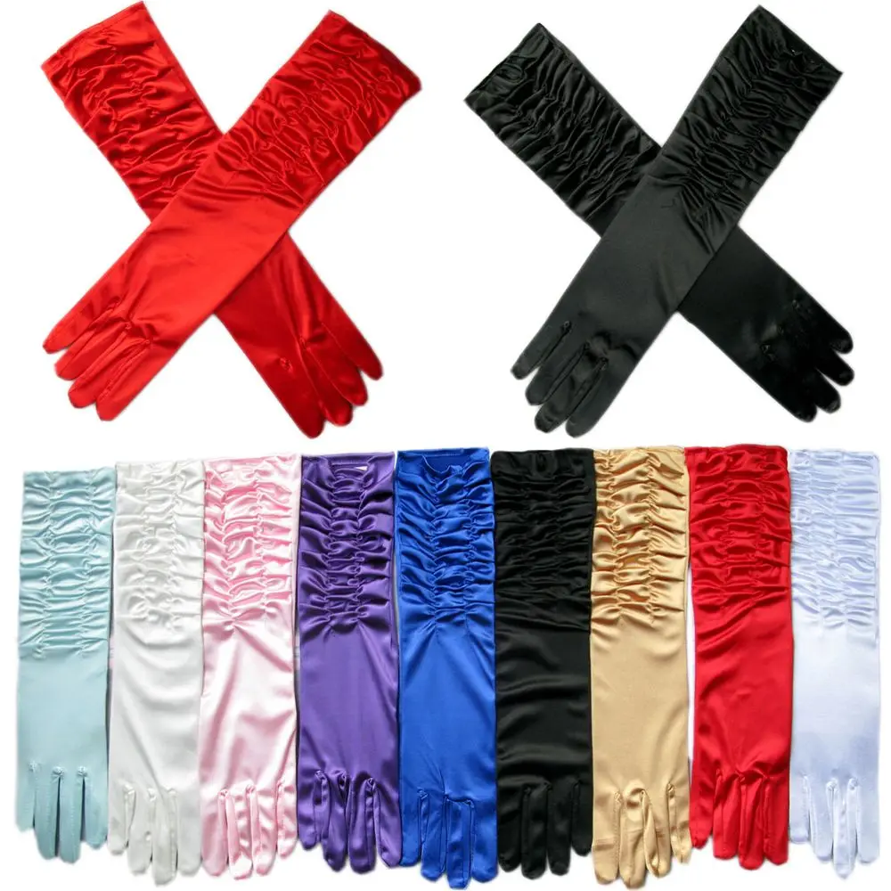 

New Satin Wrinkle Long Gloves Vintage Multicolor Satin Wedding Gloves for Party Formal Events Mittens