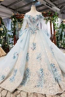 2020 new boat neck long sleeve light blue lace A line long train elegant wedding dress gown women vestido robe de mariee noiva